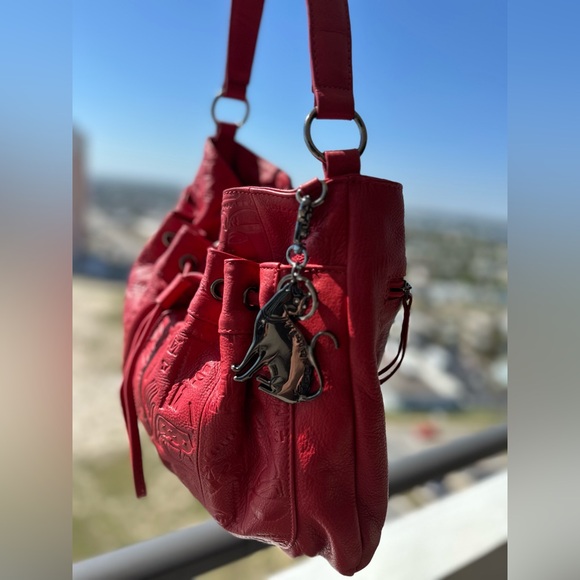 ❤️ Sharif Firenze Red Hieroglyphics Leather Drawstring Shoulder Bag ~ Excellent - Picture 6 of 15
